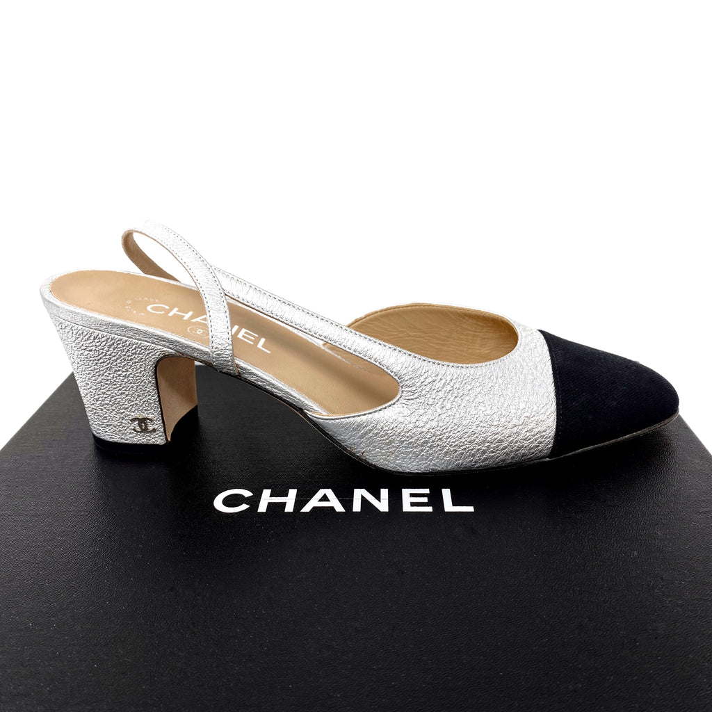 Chanel Beige & Black Grosgrain Cap Toe Slingback Pumps - Consign