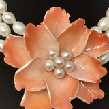 3 Strand White Ringed Freshwater Pearl Orange Flower Necklace- Jewelsunderthesea