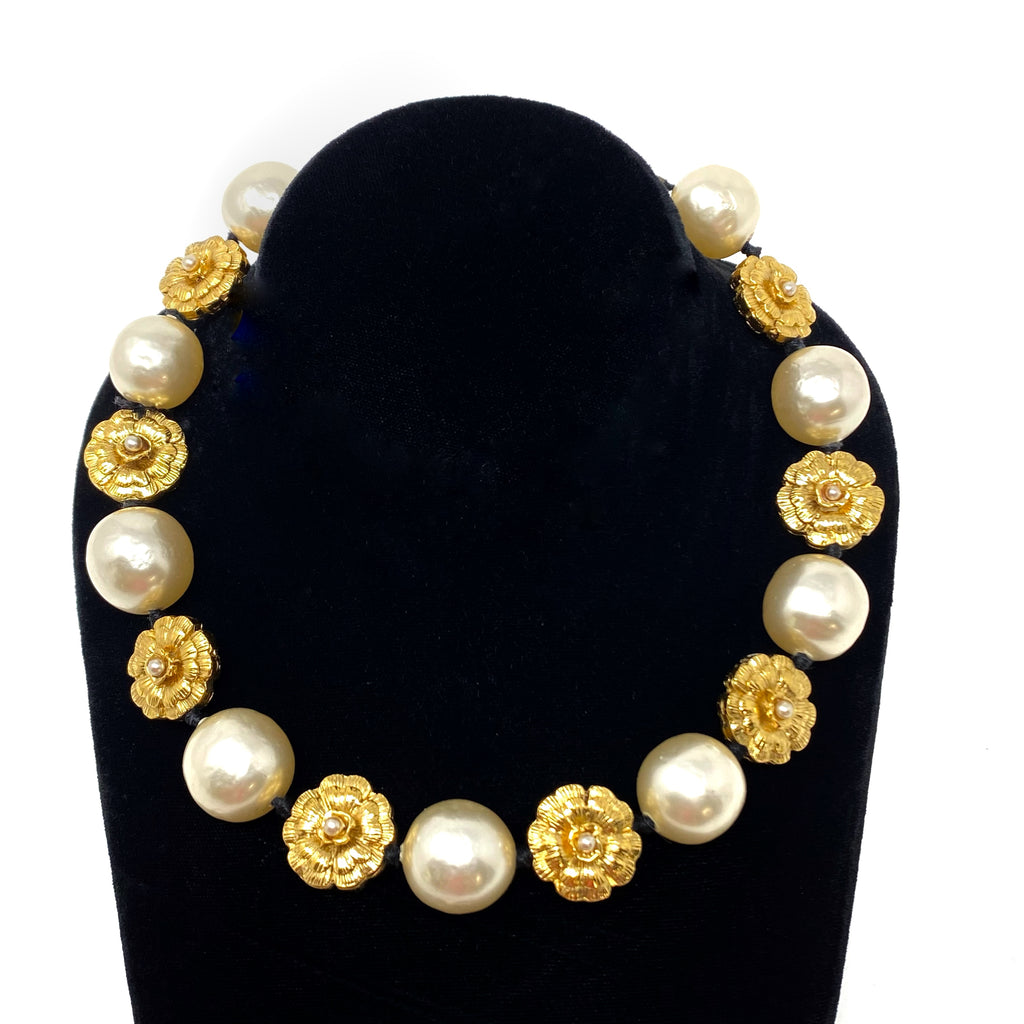 Chanel Style No 5 Camellia Long Two Layer Pearl Necklace