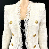 BALMAIN White Metallic Fringe Double Breasted Jacket Size 6/8