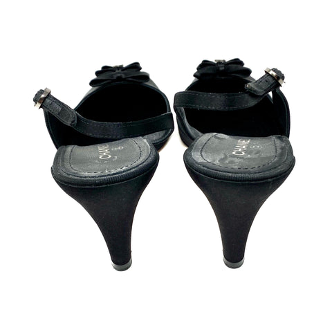 CHANEL Black Satin Triple Bow Pumps Heels Crystal CC G28633 Size