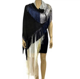 Color Block Black White Navy Fringed Knit Scarf Shawl Wrap Jewelsunderthesea 