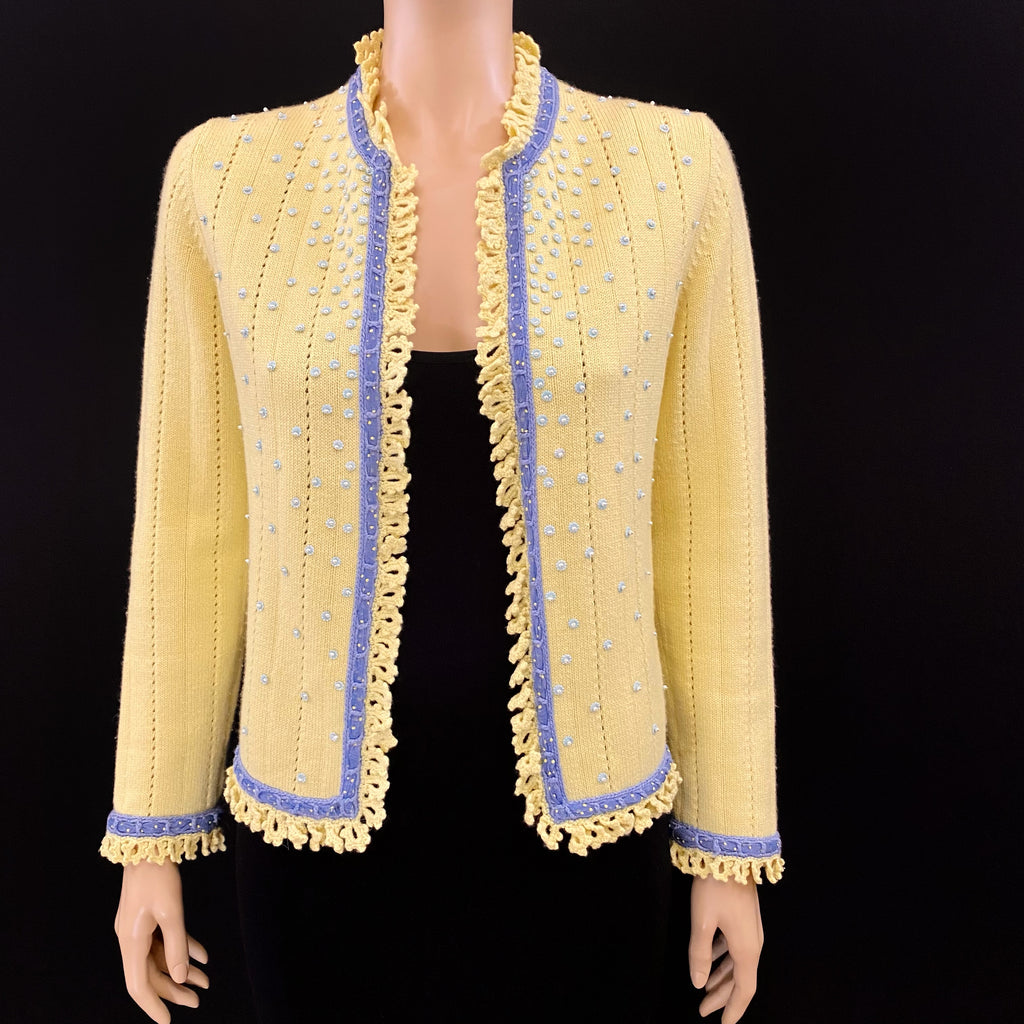 CHANEL 05C Yellow Blue Pearl Cashmere Cable Knit Jacket Size 40