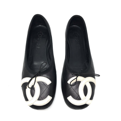 Chanel Cambon Black White CC Ballet Flats Size US8.5