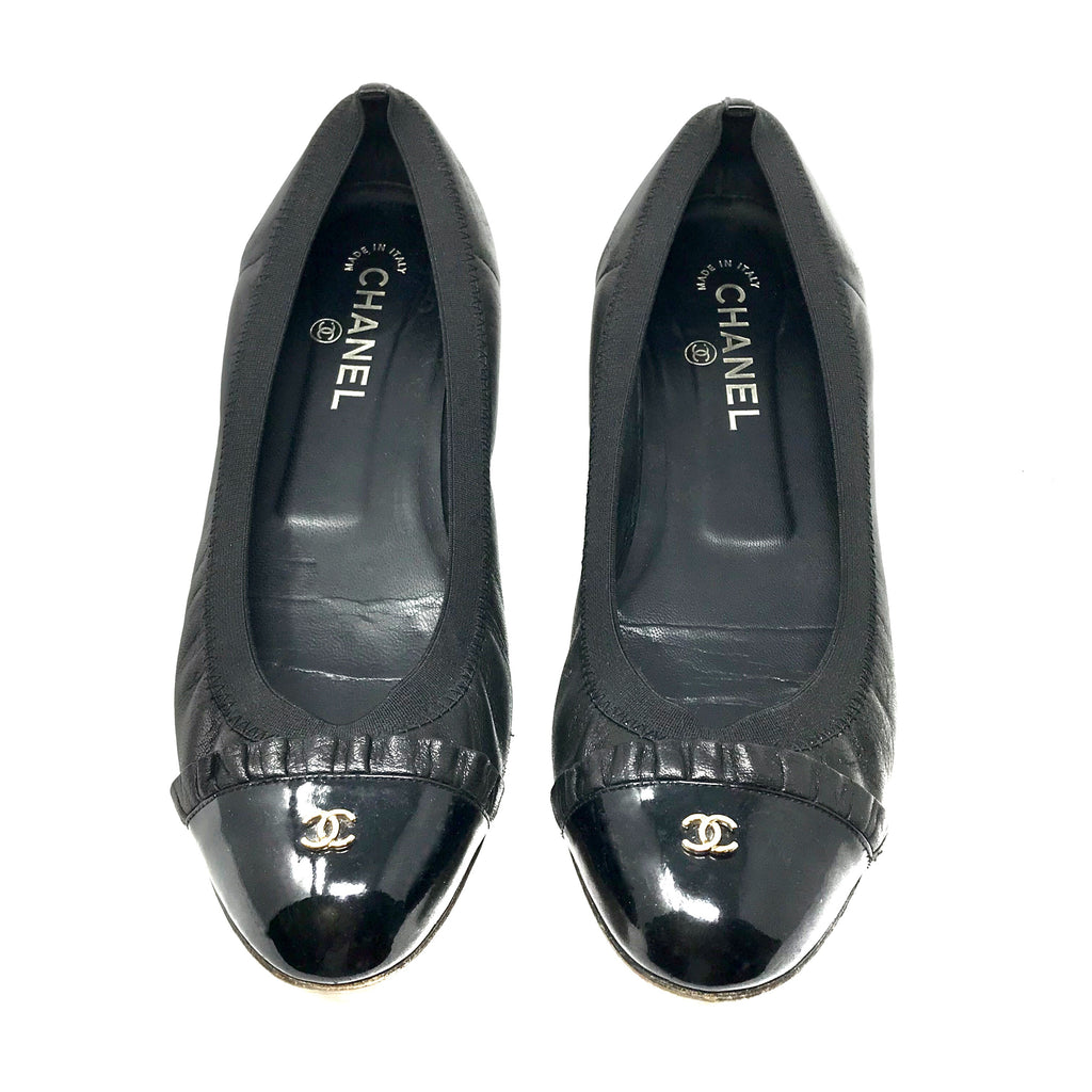 Chanel Black Cap Toe Ruffle CC Ballerina Ballet Flats Size US10