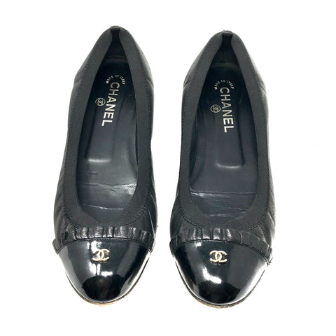 Chanel Black Quilted Leather CC Bow Cap Toe Ballet Flats Size 36.5 at  1stDibs