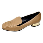 GUCCI 391973 Tan Leather Logo Loafers Flats Gold Heel Size 37 | 6.5  jewelsunderthesea 