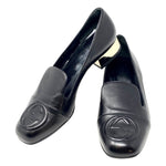 GUCCI 391973 Black Leather Logo Loafers Flats Gold Heel Size 37 | 6.5 jewelsunderthesea